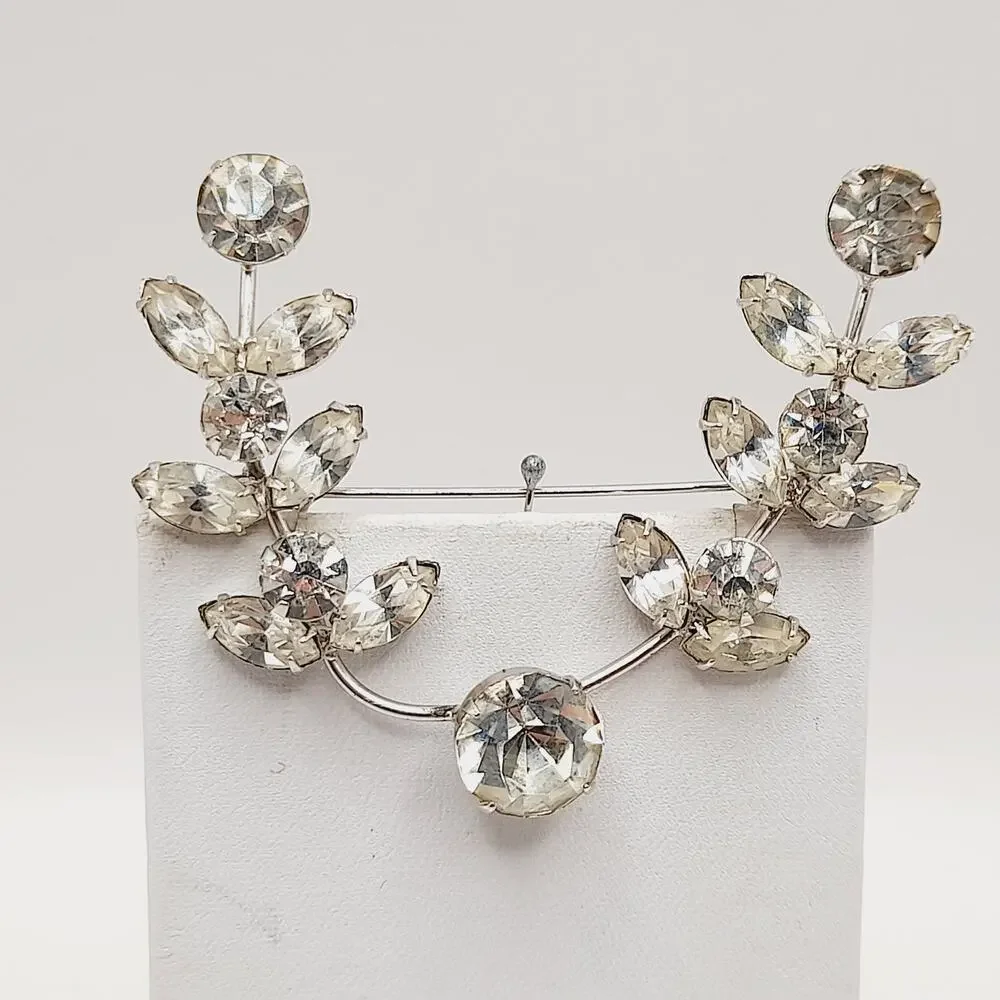 Vintage Clear Rhinestone Brooch Mid-Century Silver Tone Wedding Pin 2 1/2 Inch